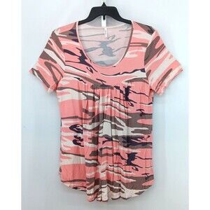 Longyuan Shirt Women Size 2XL Coral Pink Pleated Short Sleeve Scoop Neck Top